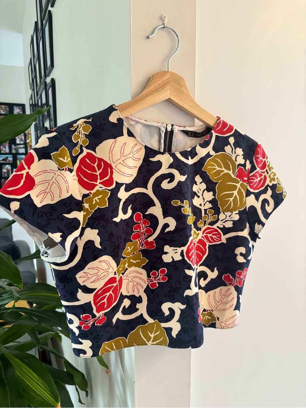 Zara Navy Floral Crop Top with Red, Olive & Cream Print